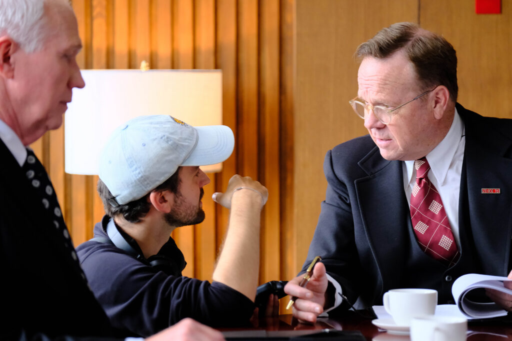 Director Simon Schneider and actor Peter Mackenzie as Mr. Leemann on 'Degree of Certainty' set