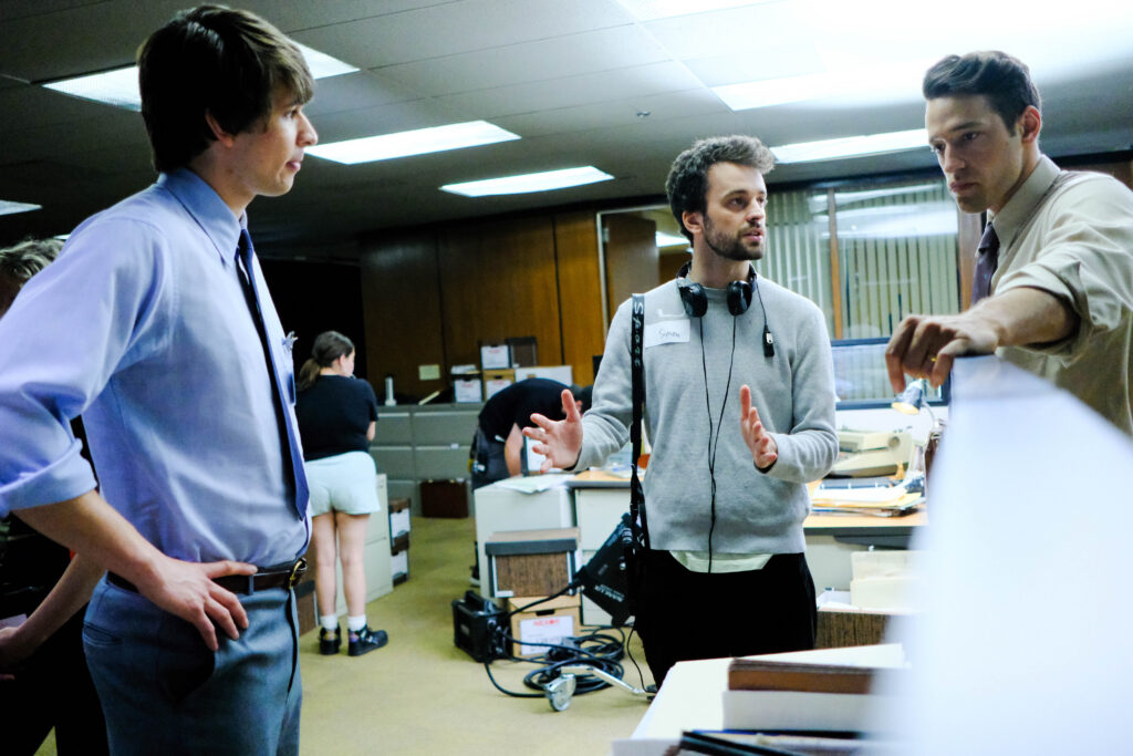 Director Simon Schneider, actors Trace Guzmán as Jackson Miller and Jonathan von Mering as Richard Johnson on 'Degree of Certainty' set